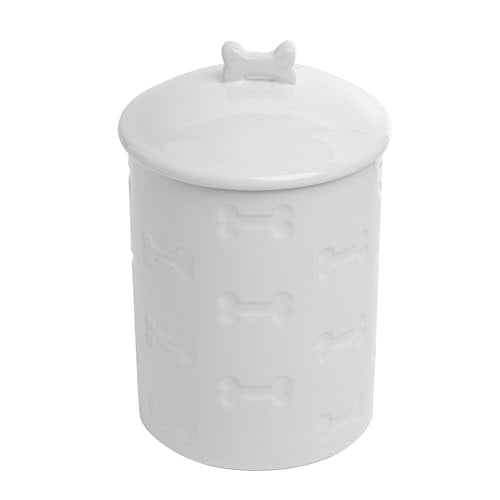 Park Life Designs Ceramic Treat Jar, Kitchen Countertop Container for Dogs, Cats, Puppies and More, Chic Container with Airtight Lid for Cookies, Biscuits and Treats (Manor) (Bones, White, 1.4 Qt) - color: White