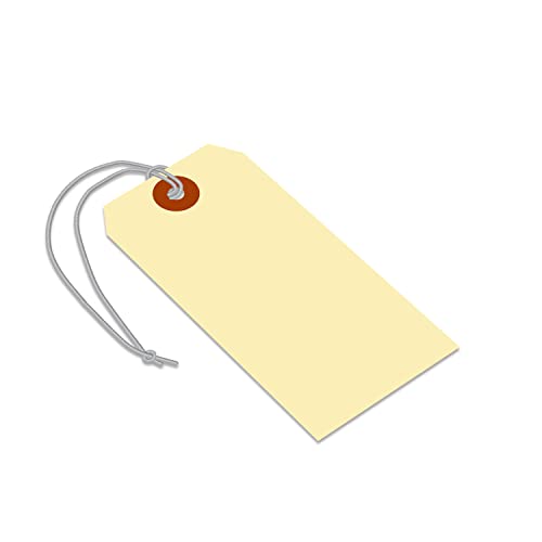 SmartSign Blank Manila Shipping Tags with Elastic Strings - Pack of 100, Size-5, 13pt Thick Pre-Strung Cardstock Tag, 4.75 x 2.375 inch, Paper Hang Tags with Reinforced Fiber Patch, Made in USA - size: 4 3/4" x 2 3/8", style: Elastic Strings - 100 Tags