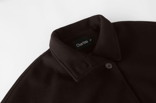 CHARTOU Women Batwing Sleeve Ponchos Pea Coat Wool Stand Collar Belt Capes Jacket Winter Cropped Overcoat - color: Coffee, size: Large