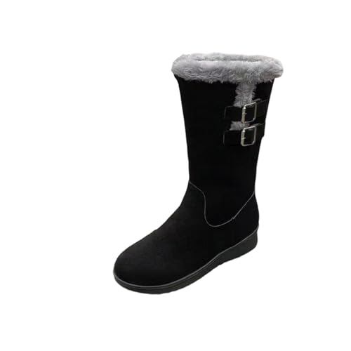 Women's Mid Length Boots Suede Snow Boots Metal Buckle Furry Wedges Booties Outdoor Thick Insulation Warm Plus Fleece shoes - color: Black, size: 8.5