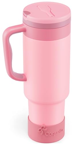40 oz Insulated Tumbler with Handle and Push-Button Straw Lid, Stainless Steel Travel Cup for Gym Office, Leakproof, BPA-Free, Cup Holder Friendly, Bow Silicone Boot, Pink (Rose Quartz) - color: Rose Quartz