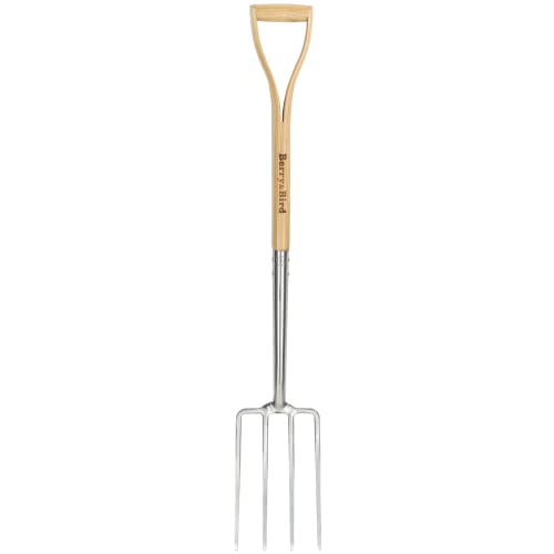 Berry&Bird Gardening Digging Fork, 4-Tine Stainless Steel Pitchfork, 43.9" Heavy Duty Spading Fork with D-Grip Handle and Ergonomic Ash Wood Handle for Digging, Planting, Cultivating, Aerating - size: 44in