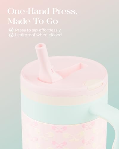 40 oz Insulated Tumbler with Handle and Push-Button Straw Lid, Stainless Steel Travel Cup for Gym Office, Leakproof, BPA-Free, Cup Holder Friendly, Bow Silicone Boot, Pink (Coquette Bloom) - color: Coquette Bloom