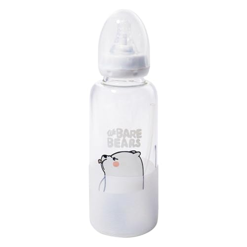 CutiePlusU Adult Glass Feeding Bottle Cute Printed Large Size Baby Bottles White Bear 13.5Oz/400ML - color: White Bear