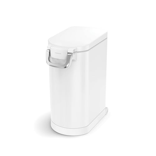 simplehuman Large Pet Food Storage Container, Holds 30-35 lb / 14-16 kg of Dry Dog Food, Cat Food, or Bird Seed, Airtight Lock-Tight Lid with Magnetic Scoop, BPA-Free, White Steel - color: White, size: Large