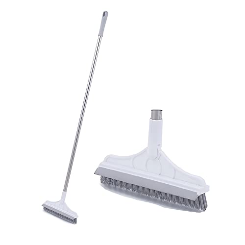 2 in 1 Cleaning Scrub Brush with Long Handle Heavy Duty - 2023 New Shower Powerful Brush and Scraper 2-in-1 Cleaning Tool with Soft Scraper Squeegee, V-Shaped Bristles Scrubber Deck Brush (White) - color: White