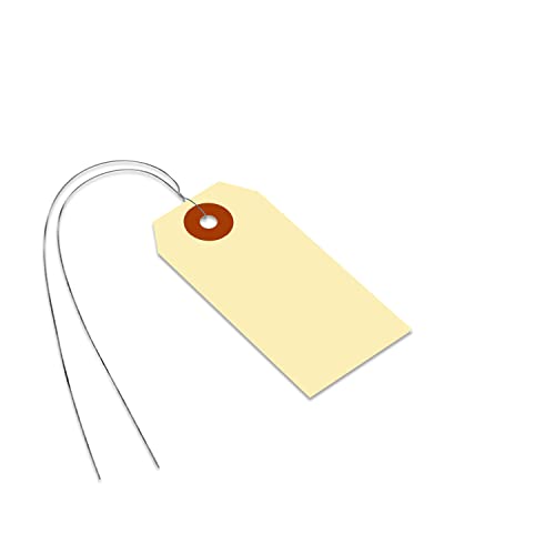 SmartSign Blank Manila Shipping Tags with Wire, Size-2, Pack of 100, 13pt Thick Prewired Cardstock Tag, 3.25 x 1.625 inch Paper Hang Tags with Reinforced Fiber Patch - size: 3 1/4" x 1 5/8", style: Metal Wires - 100 Tags