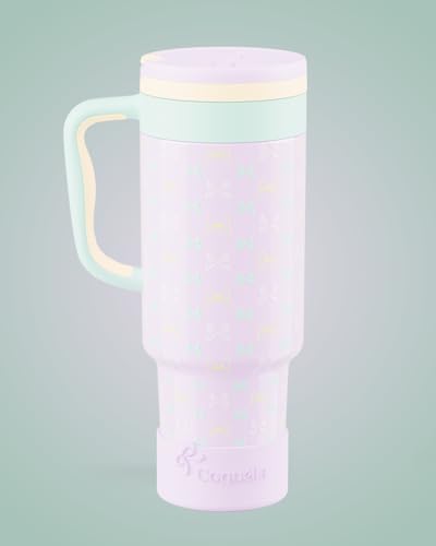 40 oz Insulated Tumbler with Handle and Push-Button Straw Lid, Stainless Steel Travel Cup for Gym Office, Leakproof, BPA-Free, Cup Holder Friendly, Bow Silicone Boot, Purple (Bow Lilac) - color: Bow Lilac
