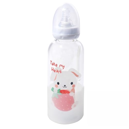 CutiePlusU Adult Glass Feeding Bottle Cute Printed Large Size Baby Bottles Rainbow Rabbit 13.5Oz/400ML - color: Rainbow Rabbit