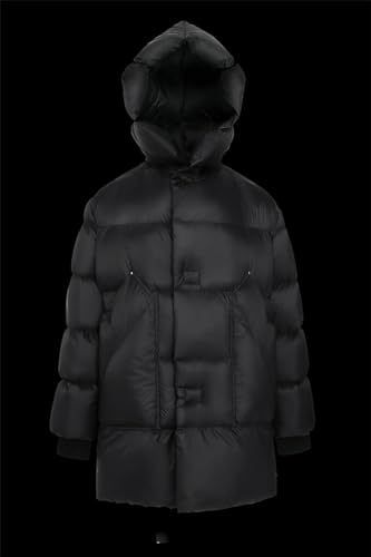 Women's Black Down Jacket Medium Length Loose Hooded Warm with Belt - size: Large