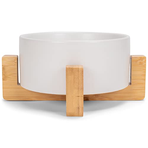 NAT & Jules Small White 6 inch Stoneware Ceramic and Wood Pet Bowl with Stand - color: White