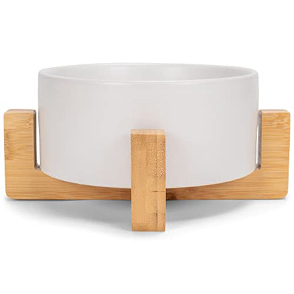 NAT & Jules Small White 6 inch Stoneware Ceramic and Wood Pet Bowl with Stand - color: White