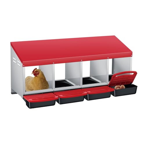 3/4-Hole Metal Chicken Nesting Box with Removable Roll-Out Tray - Easy Egg Collection & Clean Galvanized Steel Laying Box for Hens - for Backyard Coop & Poultry Farm Use - color: Red, size: red 4 holes