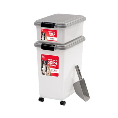 IRIS USA 30 lbs & 11 lbs Combo Airtight Dog Food Storage Container, Stackable Treat Box, 2-Cup Scoop, Wheels, Keep Fresh, Easy Mobility, Silver - color: Silver