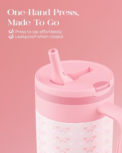 40 oz Insulated Tumbler with Handle and Push-Button Straw Lid, Stainless Steel Travel Cup for Gym Office, Leakproof, BPA-Free, Cup Holder Friendly, Bow Silicone Boot, Pink (Coquette Blush) - color: Coquette Blush