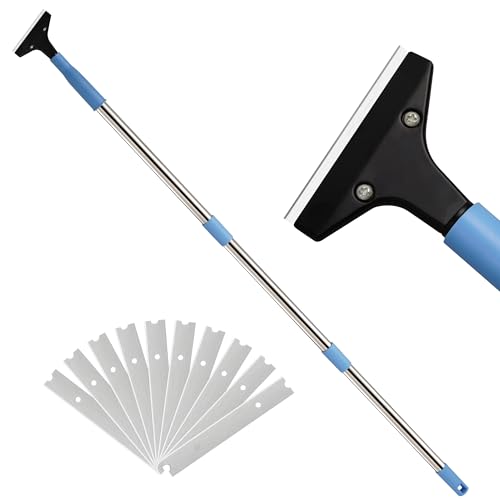 Heavy-Duty Floor Scraper with Long Handle (37''-51.5''), 4-Inch Metal Scraper Cleaning Tool, Comes with 10 Blades, Suitable for Cleaning Walls, Glass, Adhesives, Chewing Gum, and Ceilings - size: 37in