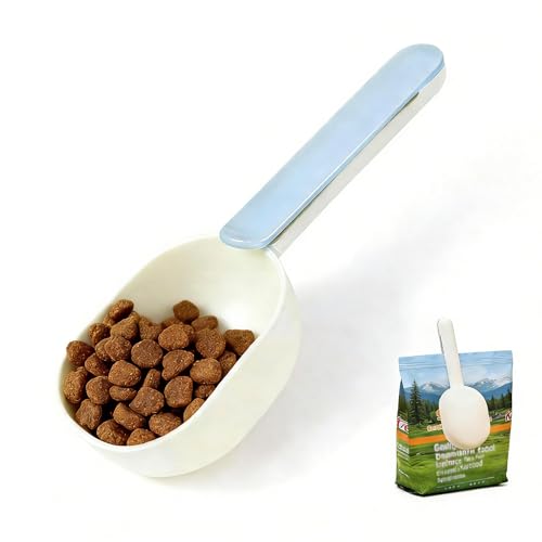 Pet Food Scoop,Cat Food Measuring Cups,Comfortable Long Handle Scoop for Dog,Cat,Ferret and Rabbit Food,Easy-Clean Food Scoop,1 Cup Size Pet Food Feeding Scoop Dishwasher Safe(White Blue)