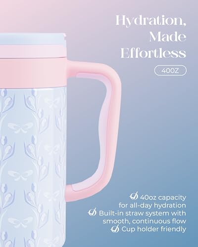40 oz Insulated Tumbler with Handle and Push-Button Straw Lid, Stainless Steel Travel Cup for Gym Office, Leakproof, BPA-Free, Cup Holder Friendly, Bow Silicone Boot, Blue (Tulip Blue) - color: Tulip Blue