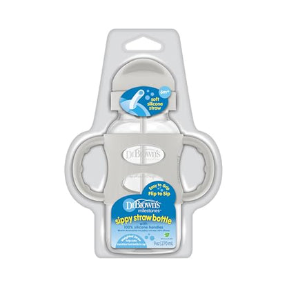 Dr. Brown's Milestones Wide-Neck Sippy Straw Bottle with 100% Silicone Handles and Weighted Straw, 9 oz/270 mL, Gray, 6m+ - color: 1-Pack, Gray, size: 1 Count (Pack of 1)