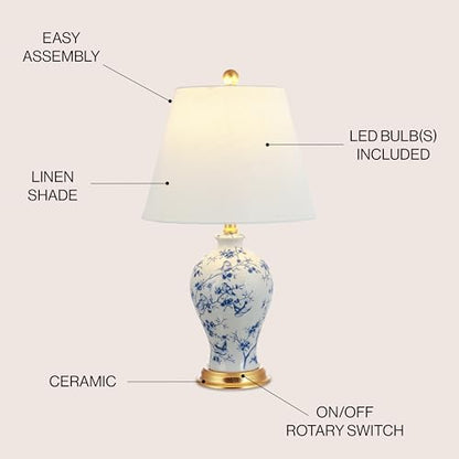 JONATHAN Y 24" Blue/White French Country Ceramic Floral Urn Table Lamp, White Linen Shade, Chinoiserie Ginger Jar Bedside Lamp for Living Room Bedroom, LED Bulb (JYL3009B) - color: Blue/White