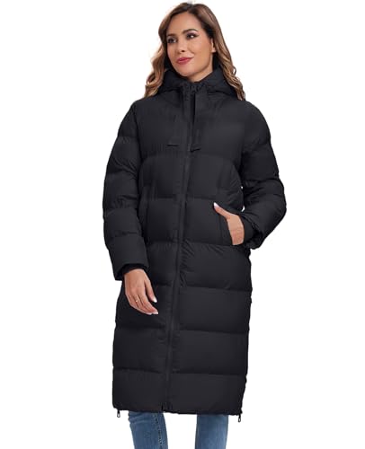 HOTIAN Womens Winter Maxi Long Puffer Coat Thicken Hooded Down Quilted Padded Jacket Winter Warm Outerwear - color: Black, size: Small