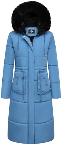 MOERDENG Women's Long Winter Puffer Coat Waterproof Warm Maxi Down Jacket Faux Fur Removable Hood Parka - color: Denim Blue, size: Large