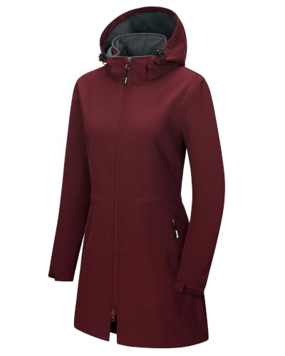 Outdoor Ventures Women's Softshell Jacket with Removable Hood Fleece Lined Windbreaker Insulated Long Warm Rain Jacket - color: Wine, size: Large