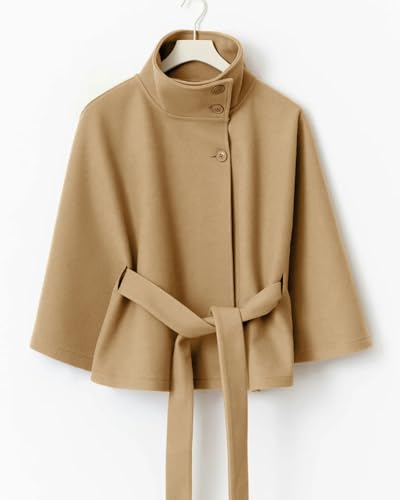 CHARTOU Women Batwing Sleeve Ponchos Pea Coat Wool Stand Collar Belt Capes Jacket Winter Cropped Overcoat - color: Khaki, size: X-Large