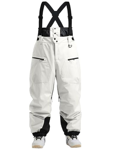 GSOU SNOW Men Women Snowboard Pants-Baggy Ski Snow Bibs | 15K Waterproof Overalls,Insulated Windproof Breathable,Detachable Shoulder Straps - color: Beige, size: Large