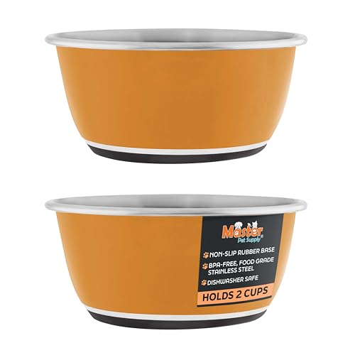 Master Pet Supply Stainless Steel Dog Bowls Set of 2 (16 Oz Each) with Non-Slip Rubber Base - Mango Tango - Basic Dog Food Bowl Water & Food Bowls for Small Medium Large Dogs & Cats, Metal Dish - color: Mango Tango, size: 2 Cups (16 oz) 2 Pack