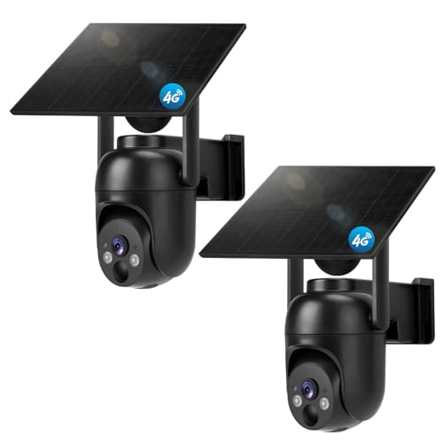 4G LTE Cellular Security Cameras Solar Powered No WiFi Security Camera Outdoor Wireless Built-in SIM Card 2K Color Night Vision 360° View Motion Detection 2-Way Audio 2 Packs - color: Black 2 pack