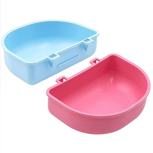 2 PcsRabbit Food Water Bowl, Guinea Pig Plastic Food Basin Dish, Chinchilla Hanging Portable Feeding Bowl (Pink and Blue)