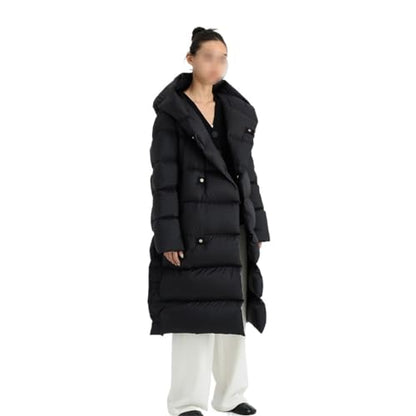 Women's White Duck Down Jacket Long Knee Length Hood Loose Warm and Thick Autumn/Winter Black Coat with Belt - size: Large