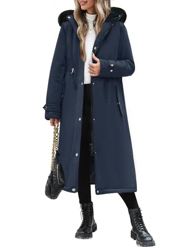 Womens Long Puffer Winter Coats Fleece Jacket Down Parka Warm Overcoat Thicken Quilted Jacket Removable Fur Coat - color: Navy, size: Medium