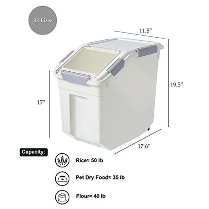 HANAMYA 33 Liter / 50 lbs Rice Storage Container with Measuring Cup, BPA free, For Rice | Grain | Pet Food | Flour, 2 count, White