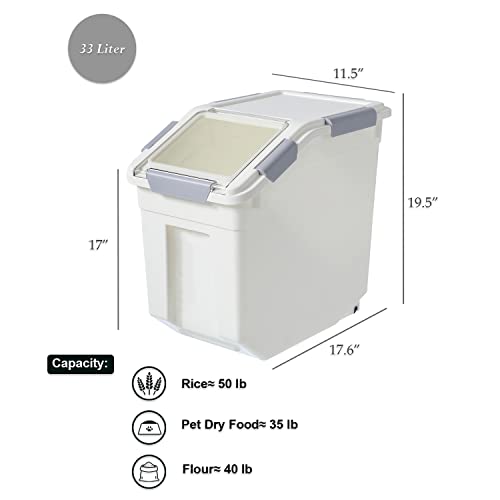 HANAMYA 33 Liter / 50 lbs Rice Storage Container with Measuring Cup, BPA free, For Rice | Grain | Pet Food | Flour, 1 count, White