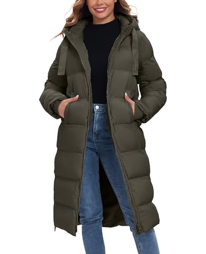 HOTIAN Womens Winter Maxi Long Puffer Coat Thicken Hooded Down Quilted Padded Jacket Winter Warm Outerwear - color: Army Green, size: Medium