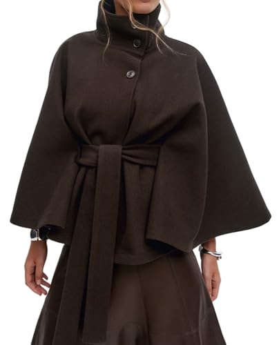 CHARTOU Women Batwing Sleeve Ponchos Pea Coat Wool Stand Collar Belt Capes Jacket Winter Cropped Overcoat - color: Coffee, size: Small