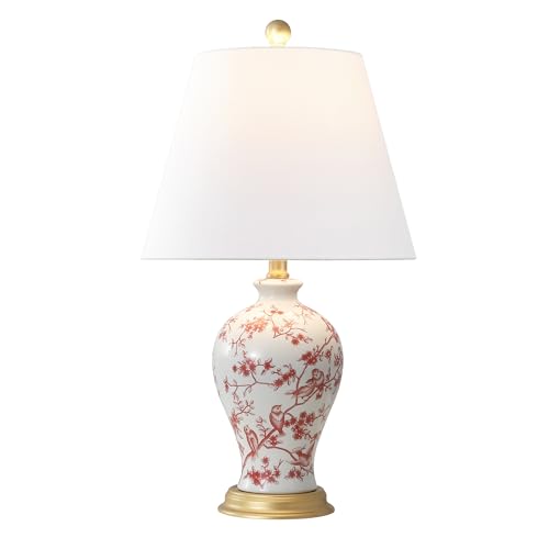 JONATHAN Y 24" White/Red French Country Ceramic Floral Urn Table Lamp, White Linen Shade, Chinoiserie Ginger Jar Bedside Lamp for Living Room Bedroom, LED Bulb (JYL3009C) - color: White/Red