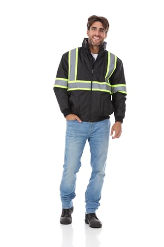 North 15 Men's High Visibility Reflectrd Hooded Safety Bomber Jacket, Fleece Lined - color: Black, size: 3X-Large