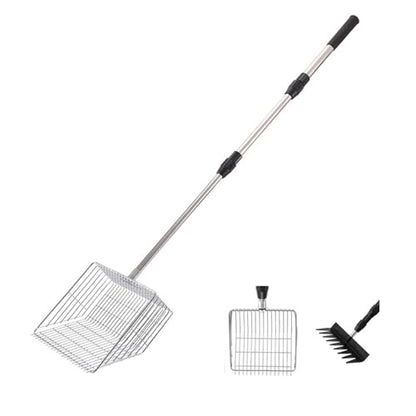 2-in-1 Chicken Poop Scooper with Rake – Adjustable Stainless Steel Handle (36"-62"), Heavy-Duty Sand Sifter & Litter Scoop for Chicken Coop, Duck Pen, Rabbit Hutch