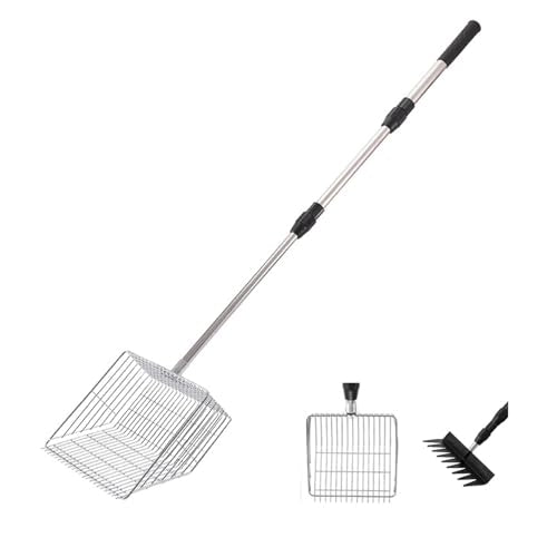 2-in-1 Chicken Poop Scooper with Rake – Adjustable Stainless Steel Handle (36"-62"), Heavy-Duty Sand Sifter & Litter Scoop for Chicken Coop, Duck Pen, Rabbit Hutch