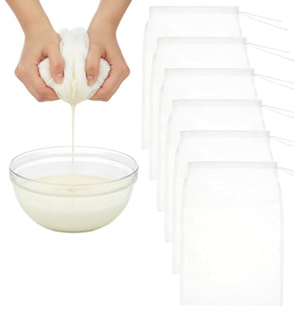 6 Pack Nut Milk Bag, 12 x 8 Inch Reusable Mesh Strainer for Juicing Nut Milk, Cheese, Tofu, Tea (Fine Mesh, Washable)