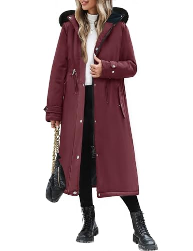 Womens Long Puffer Winter Coats Fleece Jacket Down Parka Warm Overcoat Thicken Quilted Jacket Removable Fur Coat - color: Wine Red, size: Small