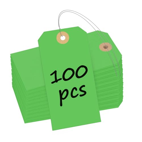 Uniclife 100 Pcs Green Blank Shipping Tags with Wire Attached 4.7 Inch Paper Tags Hang Tag with Reinforced Eyelet Large Marking Label Writable Price Inventory Label Tag, 4.7" x 2 3/8" - color: Geen, size: 100 PCS