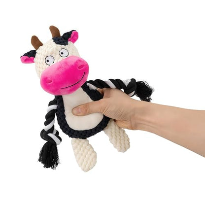 Dog Toy with Rope Arms Dairy Cow, Squeaky Interactive Pet Toy, Purple, for Small & Medium Dogs - color: White & Pink
