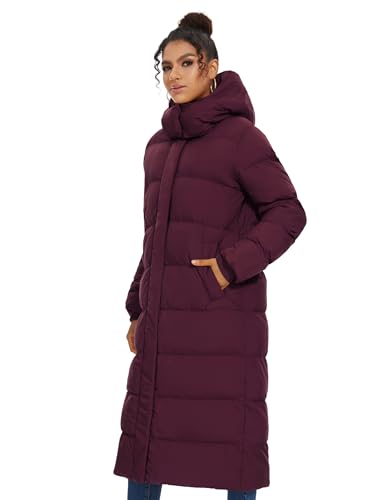 ROYAL MATRIX Women's Long Quilted Puffer Coat, Winter Warm Maxi Puffer Jacket with Detachable Hood - color: Wine Red, size: Medium