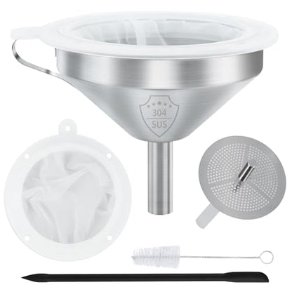 WMKGG 304 Stainless Steel Funnel, 5 Inch Funnels for Kitchen Use Filling Bottles, with 200 Mesh and 100 Mesh Fine Mesh Strainer, for Oils, Juice, Wine, Coffee, Milk, Tea, Powder - size: Funnels+Strainer