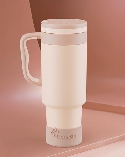 40 oz Insulated Tumbler with Handle and Push-Button Straw Lid, Stainless Steel Travel Cup for Gym Office, Leakproof, BPA-Free, Cup Holder Friendly, Bow Silicone Boot, Beige (Cream Latte) - color: Cream Latte