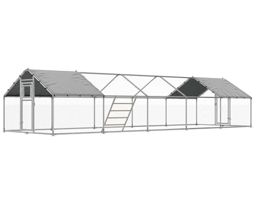 32×10 FT Extra Large Walk-in Chicken Coop, Spire Roof Chicken Run with Cover, Front & Rear Doors, Feeding Door, Roosting Ladder, Galvanized Steel Frame - size: 372.4"L x 118.1"W x 77.6"H